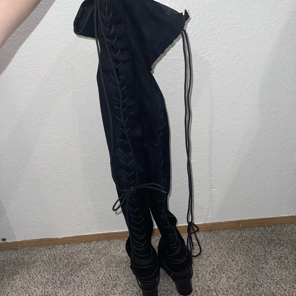 Thigh high lace up suede black boots